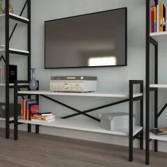 2 Raflı Metal Tv Ünitesi + 2 Adet 90 cm Kitaplık Beyaz