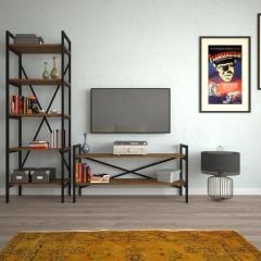 2 Raflı Metal Tv Ünitesi + 1 Adet 60 cm Kitaplık Ceviz