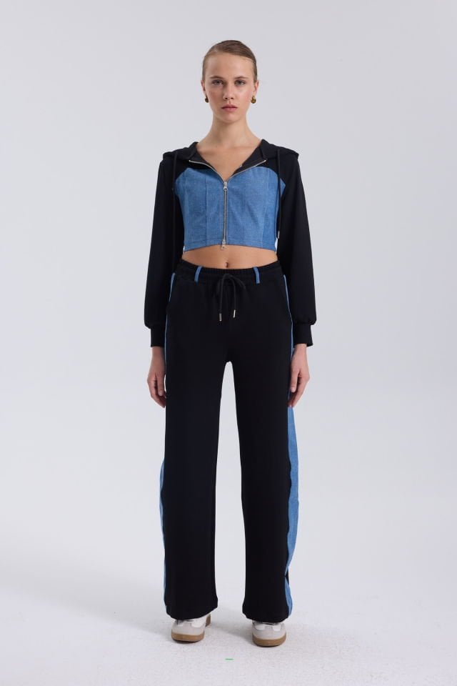 WhatsUp Denim Detaylı Kapşonlu Crop Eşofman Takım - Mavi-Siyah