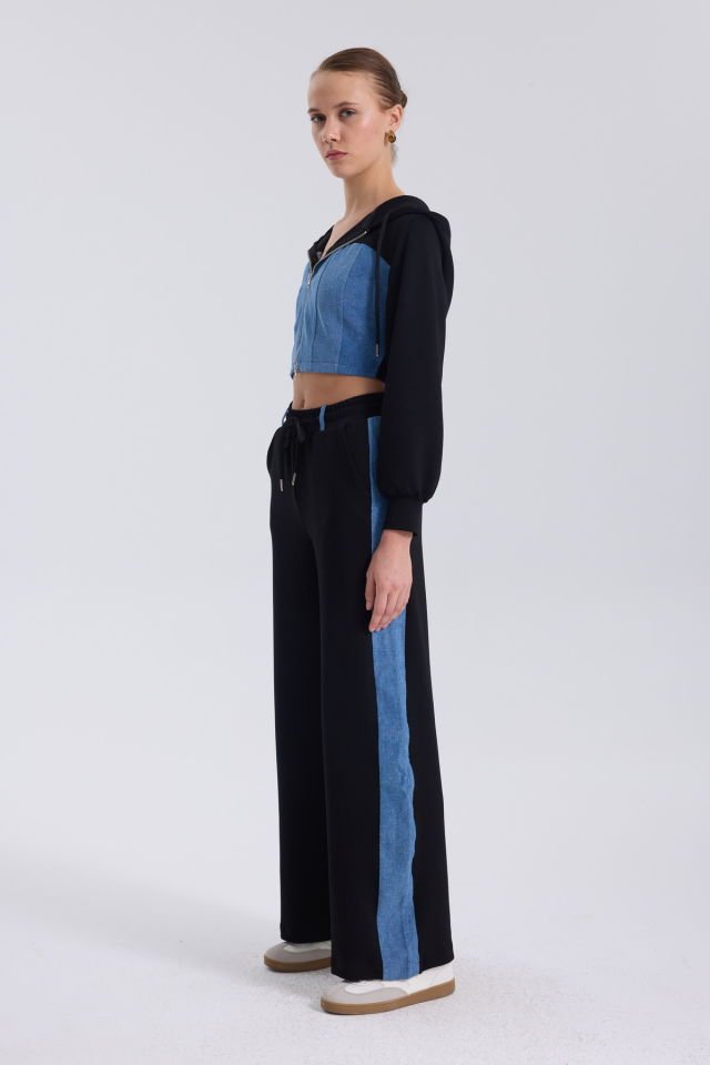 WhatsUp Denim Detaylı Kapşonlu Crop Eşofman Takım - Mavi-Siyah