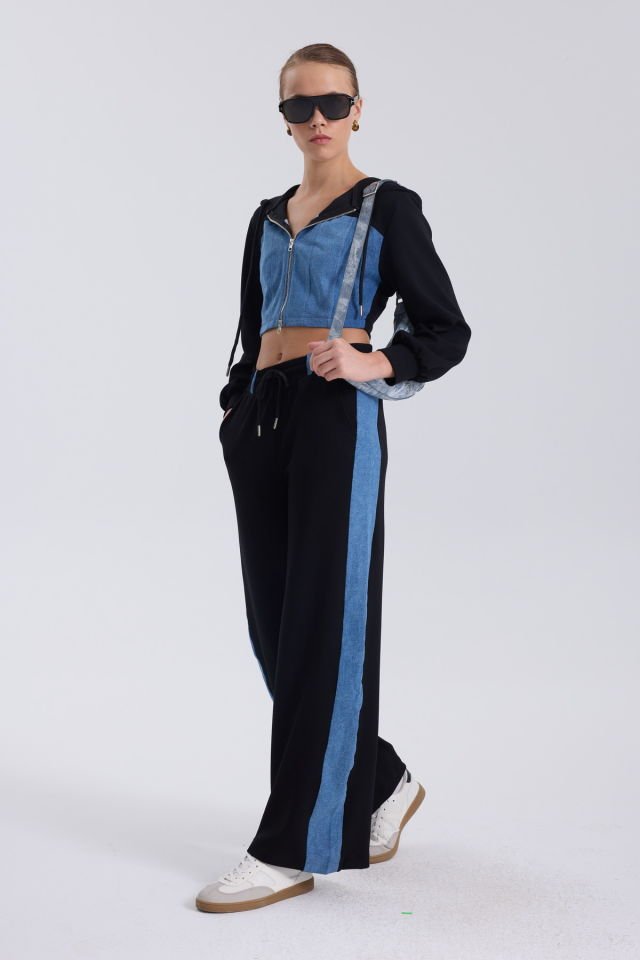 WhatsUp Denim Detaylı Kapşonlu Crop Eşofman Takım - Mavi-Siyah