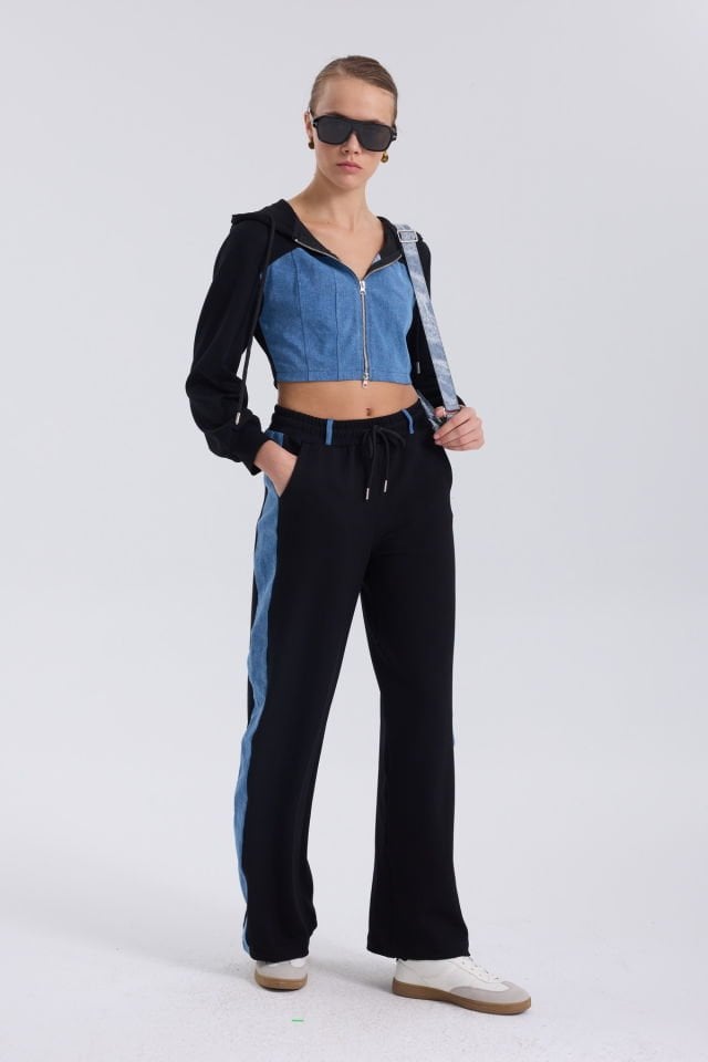 WhatsUp Denim Detaylı Kapşonlu Crop Eşofman Takım - Mavi-Siyah