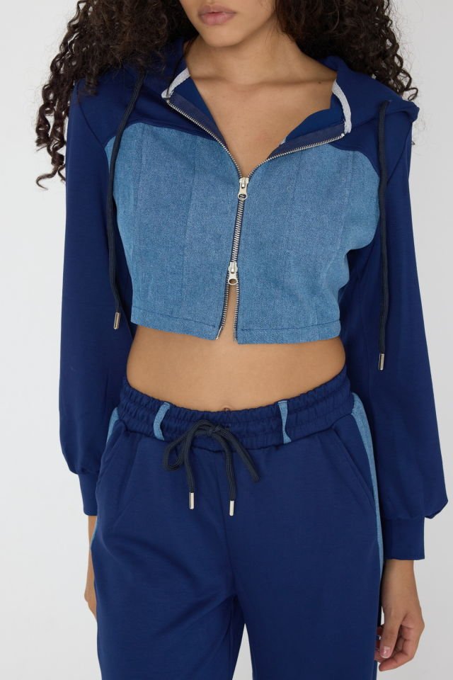WhatsUp Denim Detaylı Kapşonlu Crop Eşofman Takım - Mavi-Lacivert