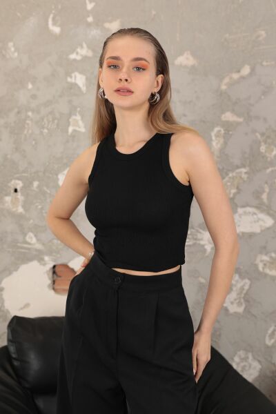Kaktüs Kaşkorse Kumaş Bisiklet Yaka Kadın Crop Atlet  - Siyah