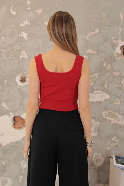 Kaktüs Kaşkorse Kumaş Halter Yaka Kolsuz Kadın Crop Bluz  - Kırmızı