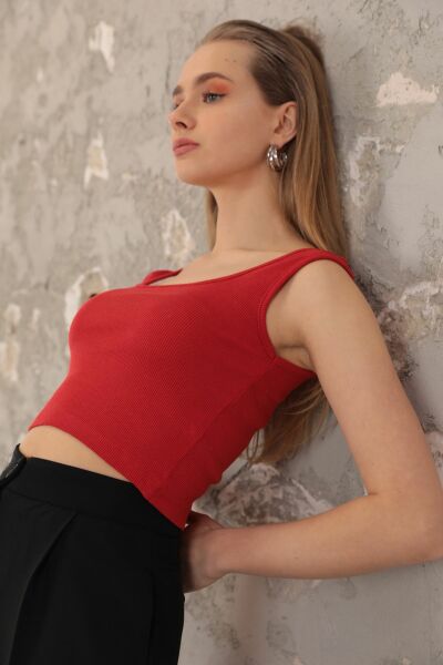 Kaktüs Kaşkorse Kumaş Halter Yaka Kolsuz Kadın Crop Bluz  - Kırmızı