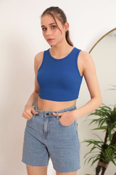 Kaktüs Kaşkorse Kumaş Halter Yaka Kolsuz Kadın Crop Bluz  - Saks Mavisi