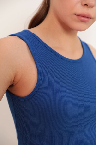 Kaktüs Kaşkorse Kumaş Halter Yaka Kolsuz Kadın Crop Bluz  - Saks Mavisi