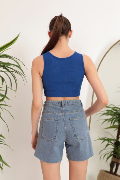 Kaktüs Kaşkorse Kumaş Halter Yaka Kolsuz Kadın Crop Bluz  - Saks Mavisi