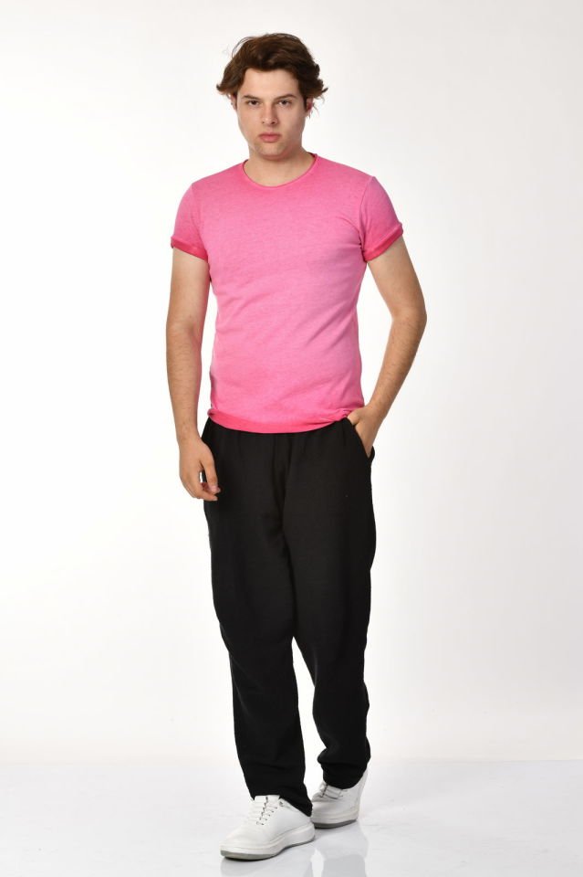 Zegy Bisiklet Yaka Kısa Kollu Erkek Tişört  - Pembe