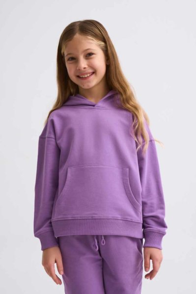 Organik Kapüşonlu Uzun Kollu Kız Çocuk Sweatshirt - Mor Mor - 8-10