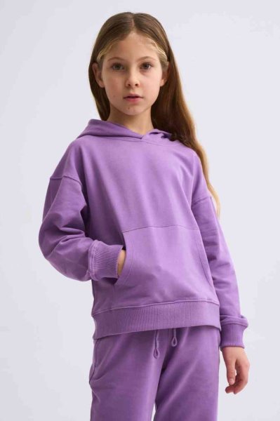 Organik Kapüşonlu Uzun Kollu Kız Çocuk Sweatshirt - Mor Mor - 8-10
