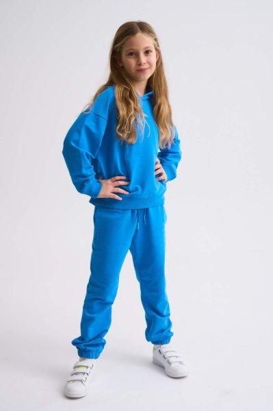 Organik Kapüşonlu Uzun Kollu Kız Çocuk Sweatshirt - Mavi Mavi - 10-12