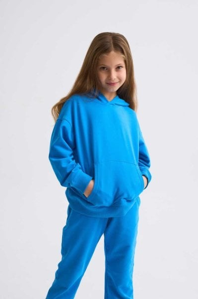 Organik Kapüşonlu Uzun Kollu Kız Çocuk Sweatshirt - Mavi Mavi - 10-12
