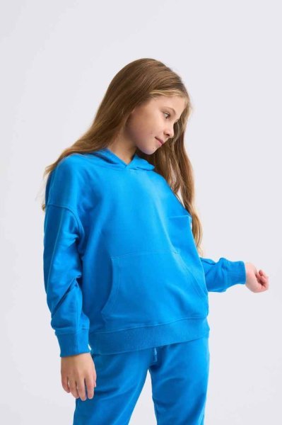 Organik Kapüşonlu Uzun Kollu Kız Çocuk Sweatshirt - Mavi Mavi - 10-12