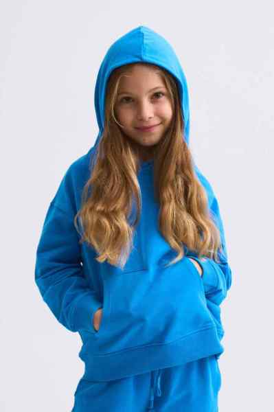 Organik Kapüşonlu Uzun Kollu Kız Çocuk Sweatshirt - Mavi Mavi - 10-12