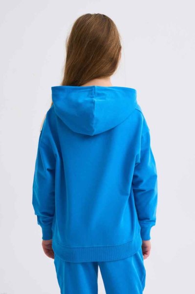 Organik Kapüşonlu Uzun Kollu Kız Çocuk Sweatshirt - Mavi Mavi - 10-12