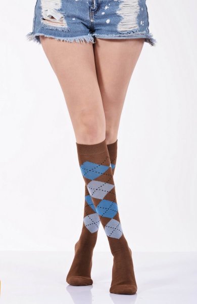 Kadın Ekoseli Dizaltı Çorabı  - Kahverengi