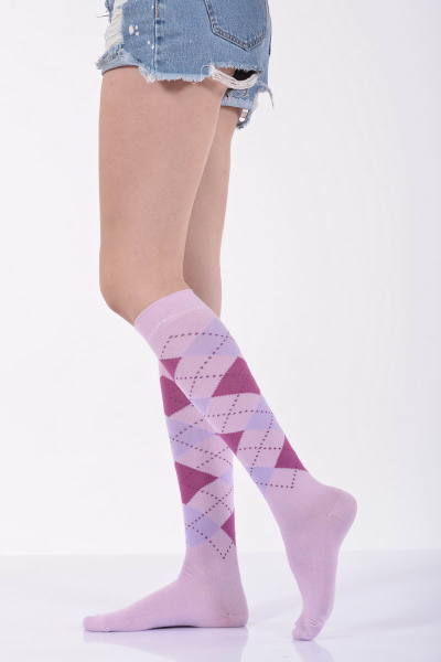 Kadın Ekoseli Dizaltı Çorabı  - Açık Lila