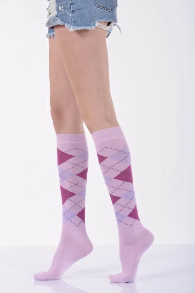 Kadın Ekoseli Dizaltı Çorabı  - Açık Lila