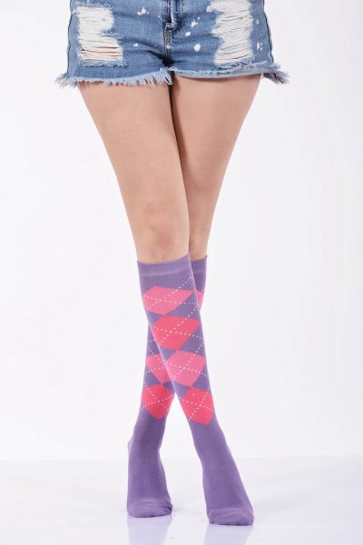 Kadın Ekoseli Dizaltı Çorabı  - Mor