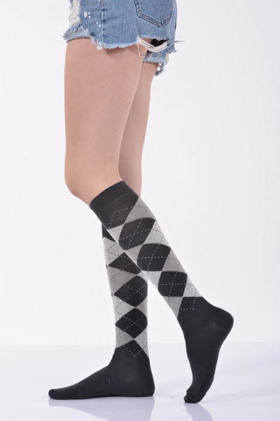 Kadın Ekoseli Dizaltı Çorabı  - Füme
