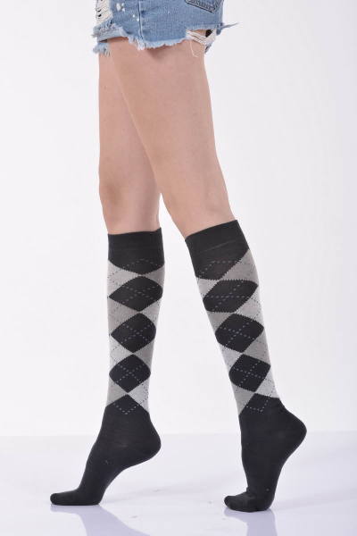 Kadın Ekoseli Dizaltı Çorabı  - Füme