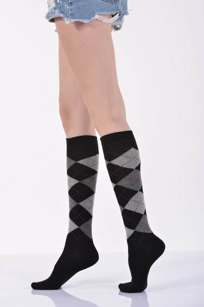 Kadın Ekoseli Dizaltı Çorabı  - Siyah