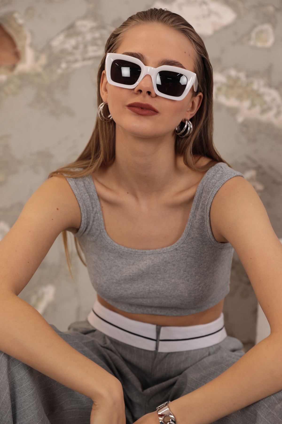 Kaktüs Kaşkorse Kumaş Askılı Crop  - Gri