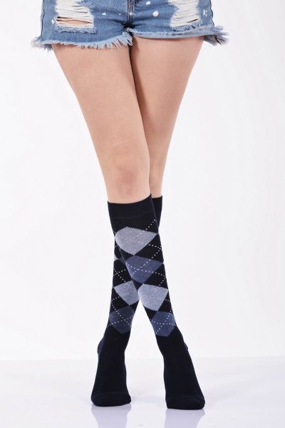 Kadın Ekoseli Dizaltı Çorabı  - Lacivert
