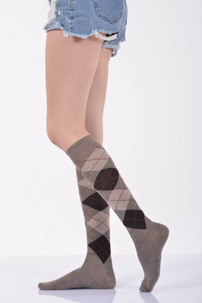 Kadın Ekoseli Dizaltı Çorabı  - Bej