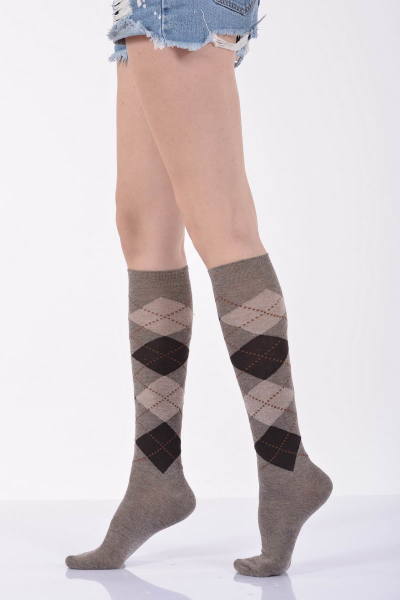 Kadın Ekoseli Dizaltı Çorabı  - Bej