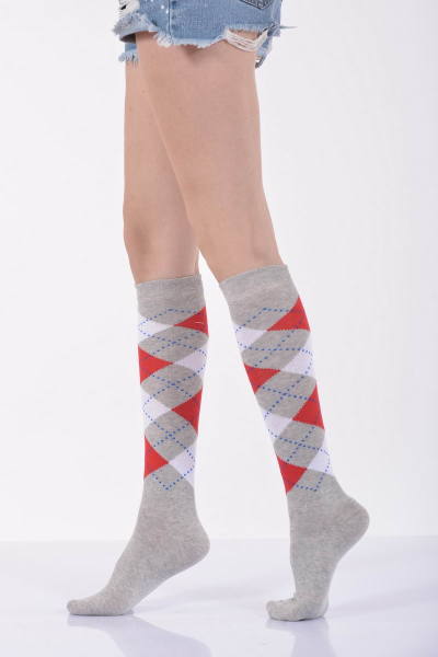 Kadın Ekoseli Dizaltı Çorabı  - Açık Gri