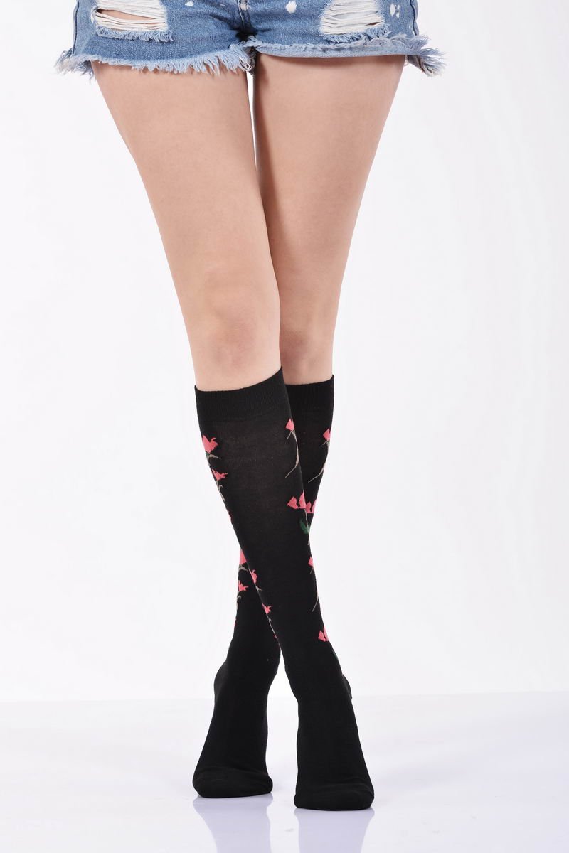 Kadın Çiçekli Dizaltı Çorabı   - Siyah