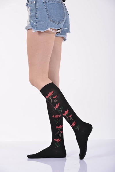 Kadın Çiçekli Dizaltı Çorabı   - Siyah