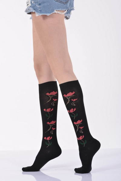 Kadın Çiçekli Dizaltı Çorabı   - Siyah