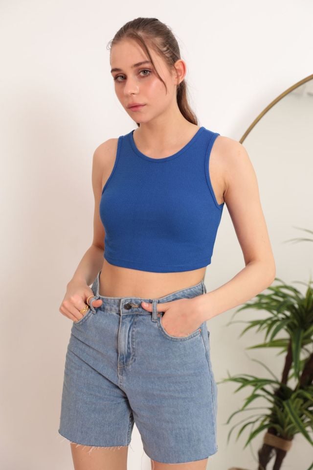 Kaktüs Kaşkorse Kumaş Halter Yaka Kolsuz Kadın Crop Bluz  - Saks Mavisi