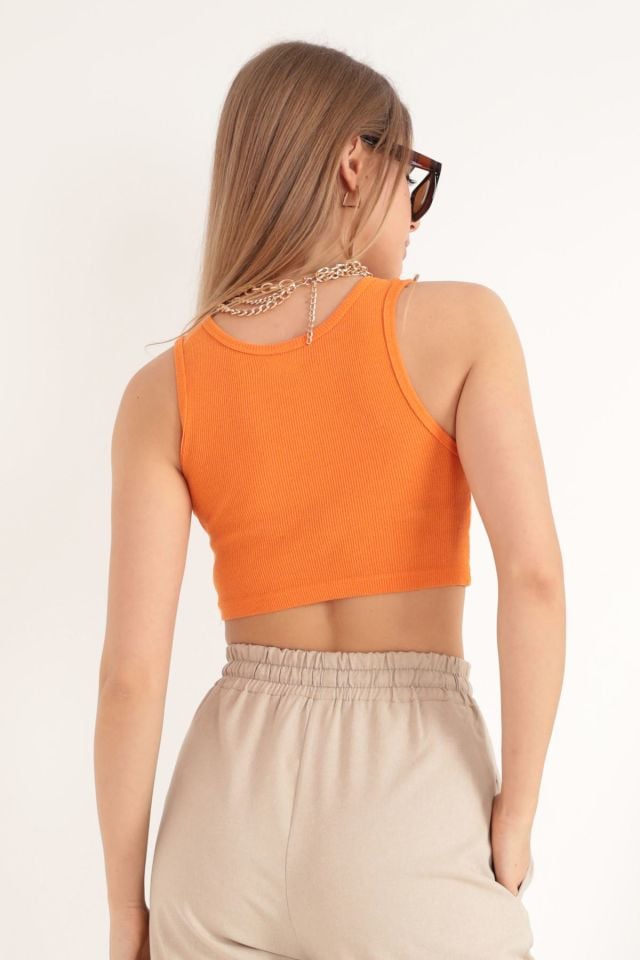 Kaktüs Kaşkorse Kumaş Halter Yaka Kolsuz Kadın Crop Bluz  - Oranj