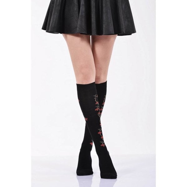Kadın Yandan Kırmızı Çiçekli Dizaltı Çorabı   - Siyah