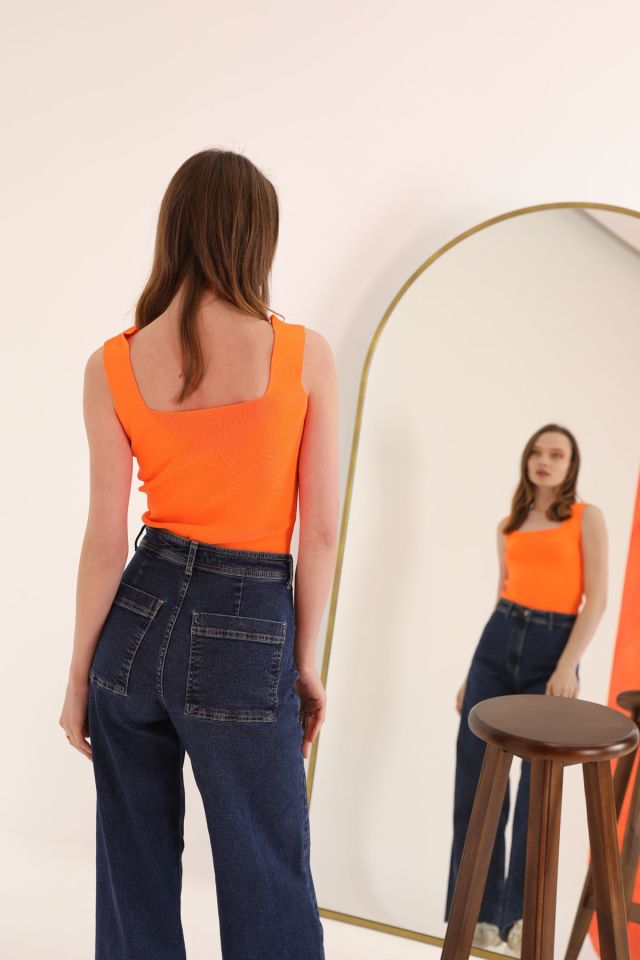 Kaktüs Triko Kumaş Kare Yaka Kadın Crop  - Oranj