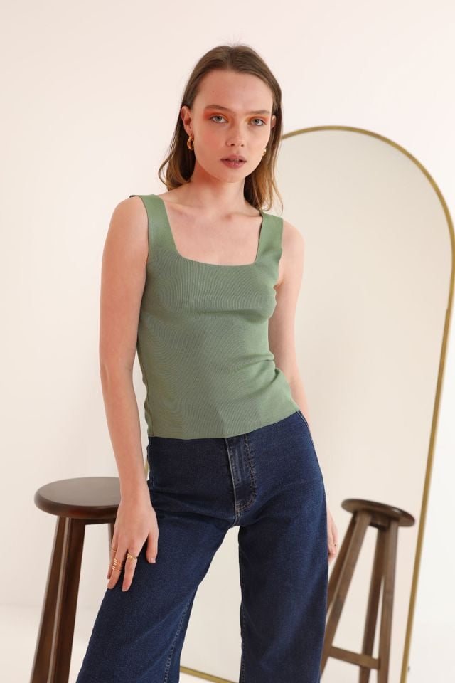 Kaktüs Triko Kumaş Kare Yaka Kadın Crop  - Çağla Yeşili