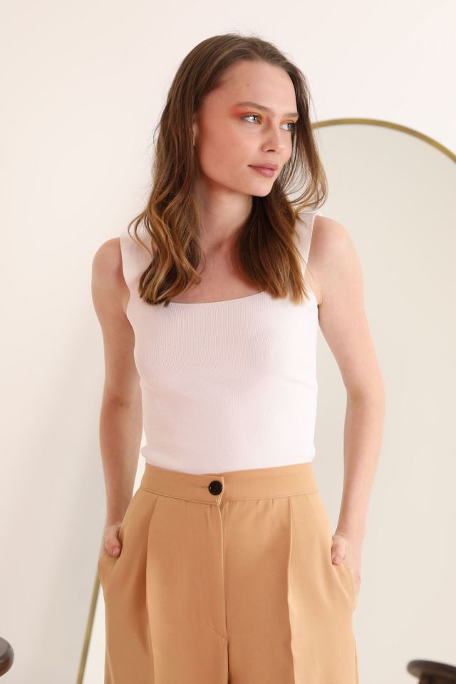 Kaktüs Triko Kumaş Kare Yaka Kadın Bluz  - Beyaz