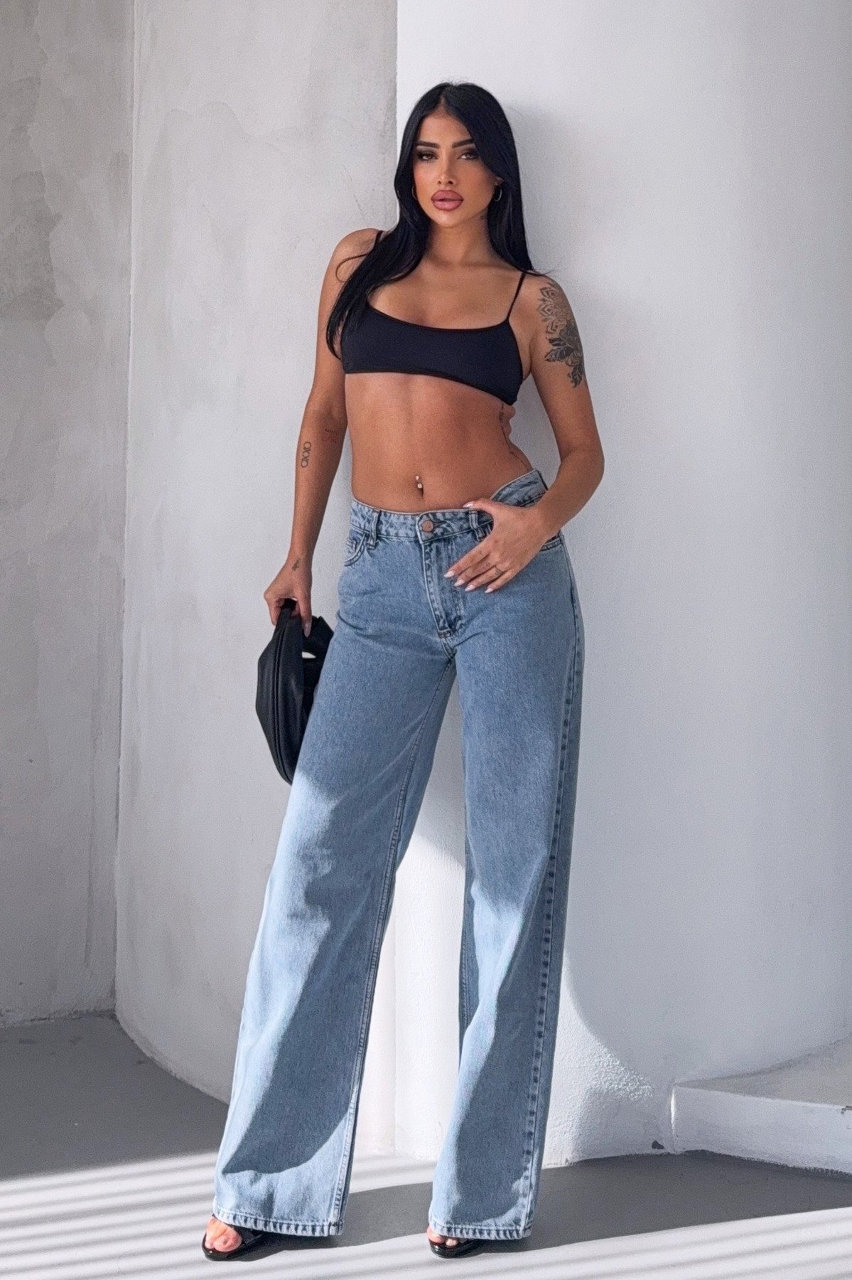 WhatsUp Geniş Paça Düşük Bel Kadın Jean Pantolon  - Mavi