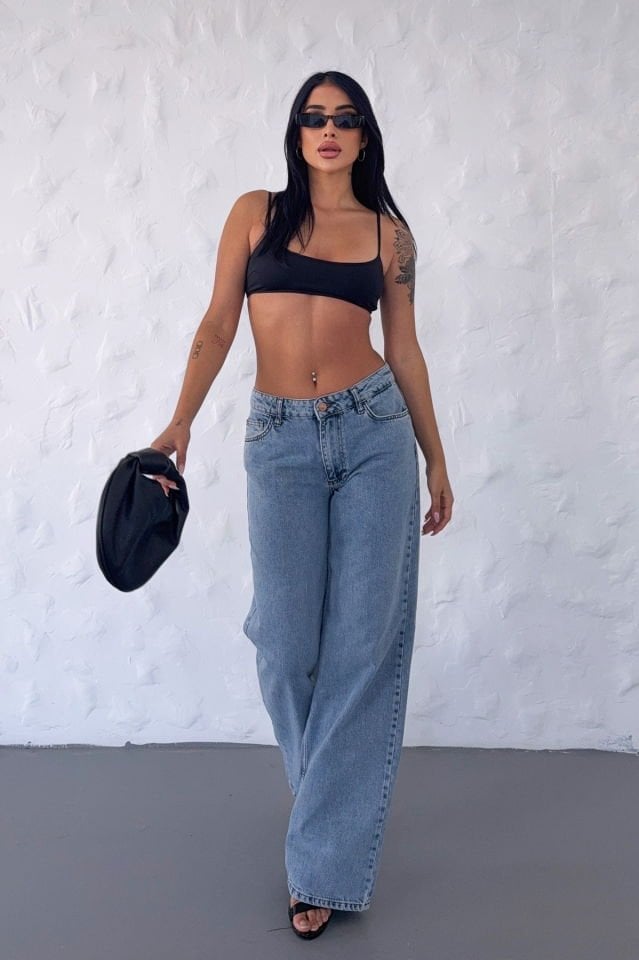 WhatsUp Geniş Paça Düşük Bel Kadın Jean Pantolon  - Mavi