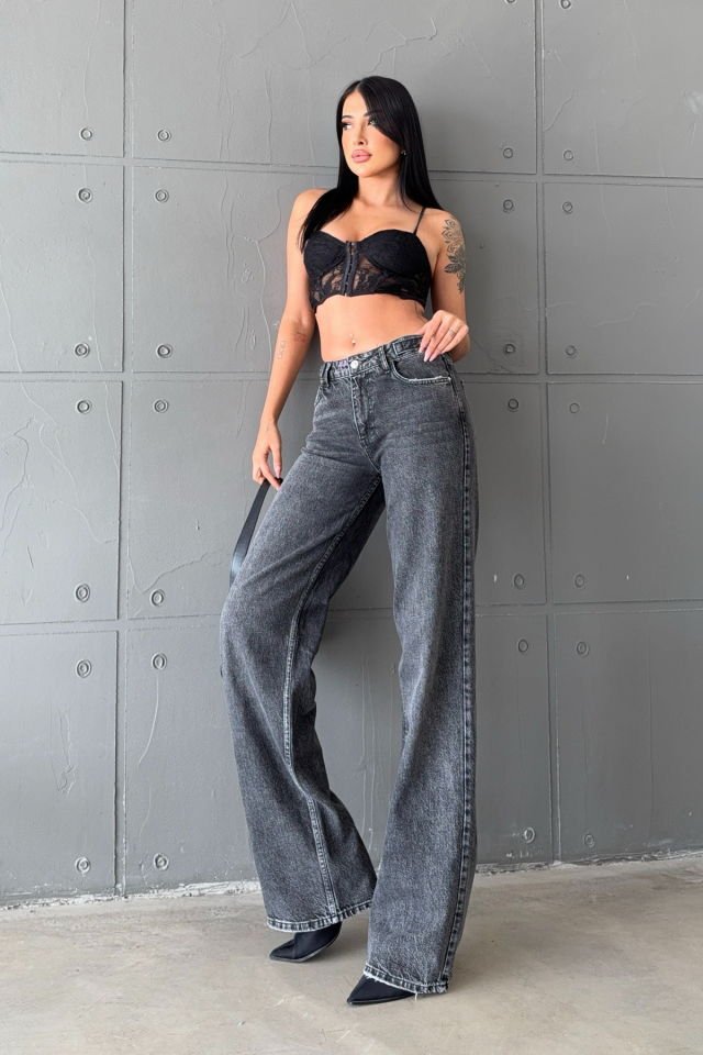 WhatsUp Geniş Paça Düşük Bel Kadın Jean Pantolon  - Antrasit