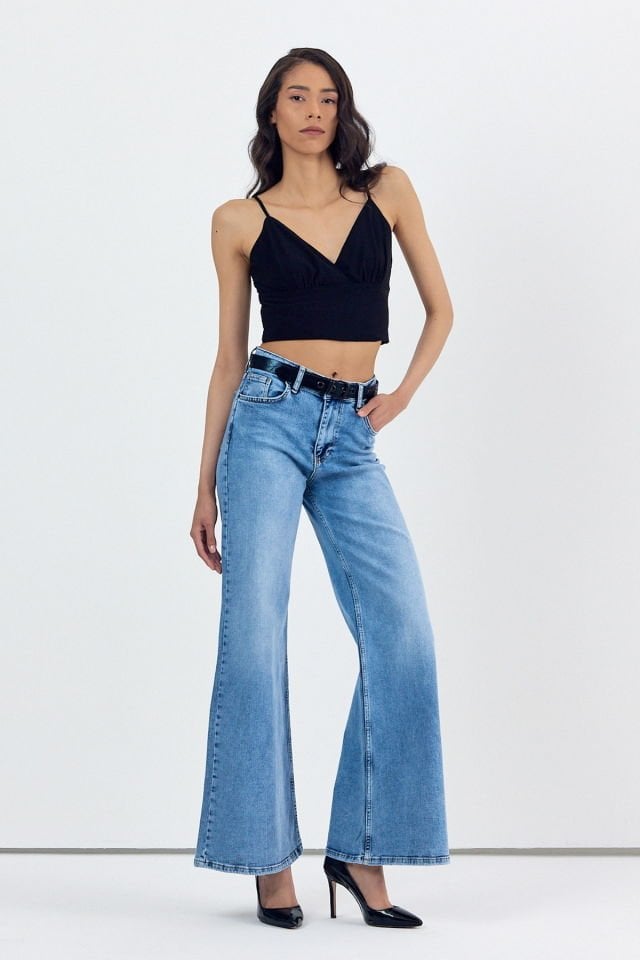 WhatsUp Geniş Paça Baggy Kadın Jean Pantolon  - Mavi