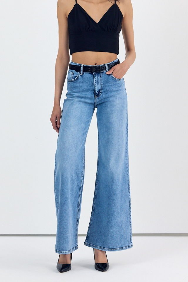 WhatsUp Geniş Paça Baggy Kadın Jean Pantolon  - Mavi