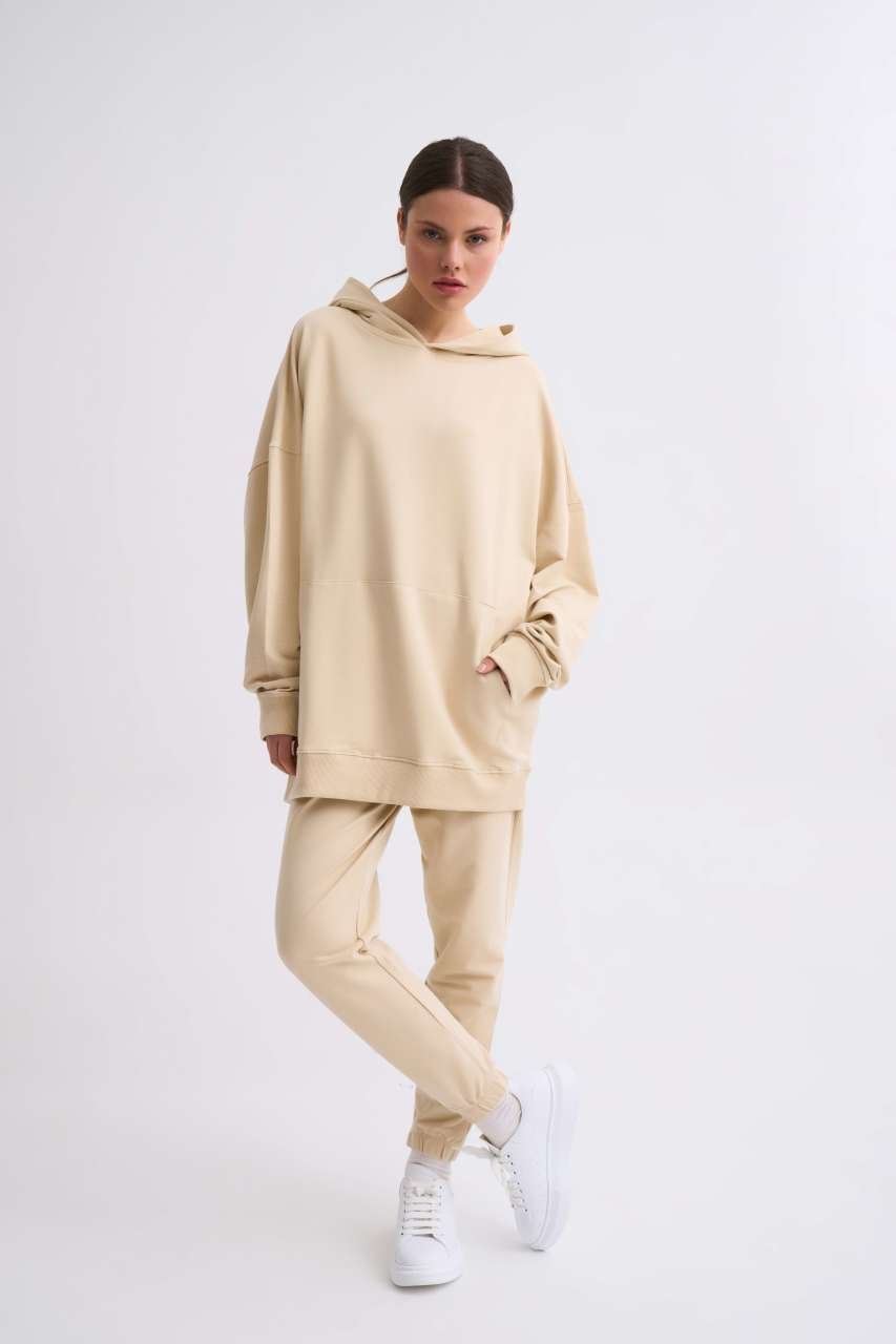 Organik Kapu onlu Cepli Uzun Kollu Kad n Sweatshirt Ac k Bej Ac k Bej XS