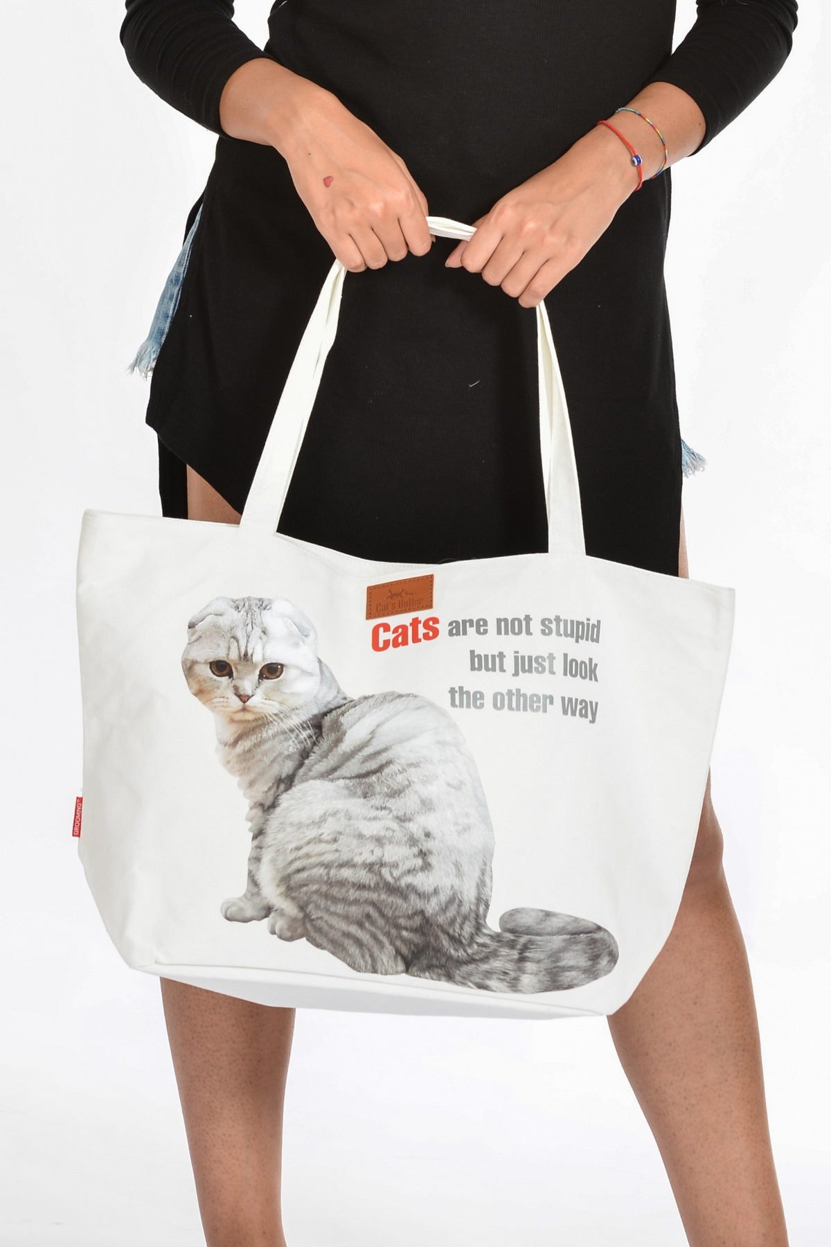 Kedi Baskılı Canvas Omuz Çantası - Büyük Boy - BEYAZ