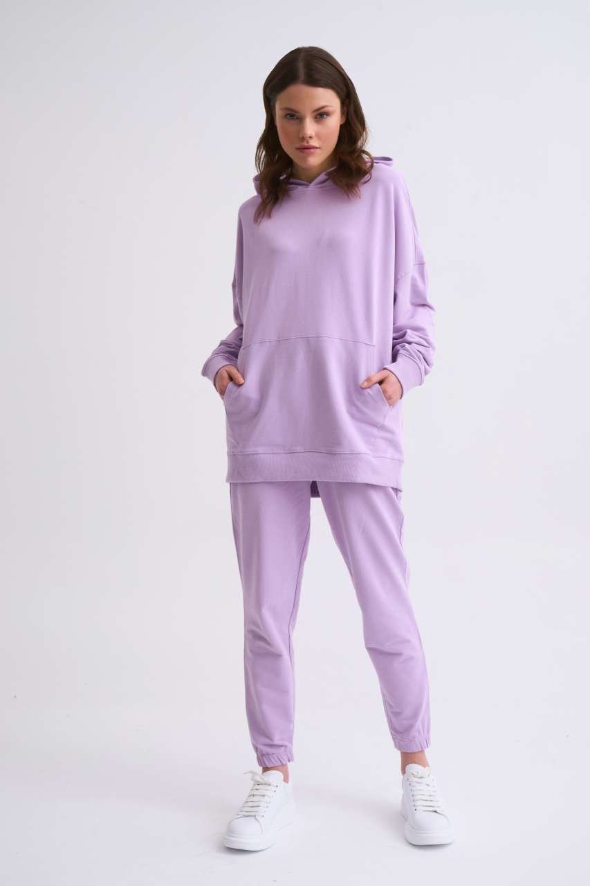 Organik Kapüşonlu Cepli Uzun Kollu Kadın Sweatshirt - Lila Lila - M